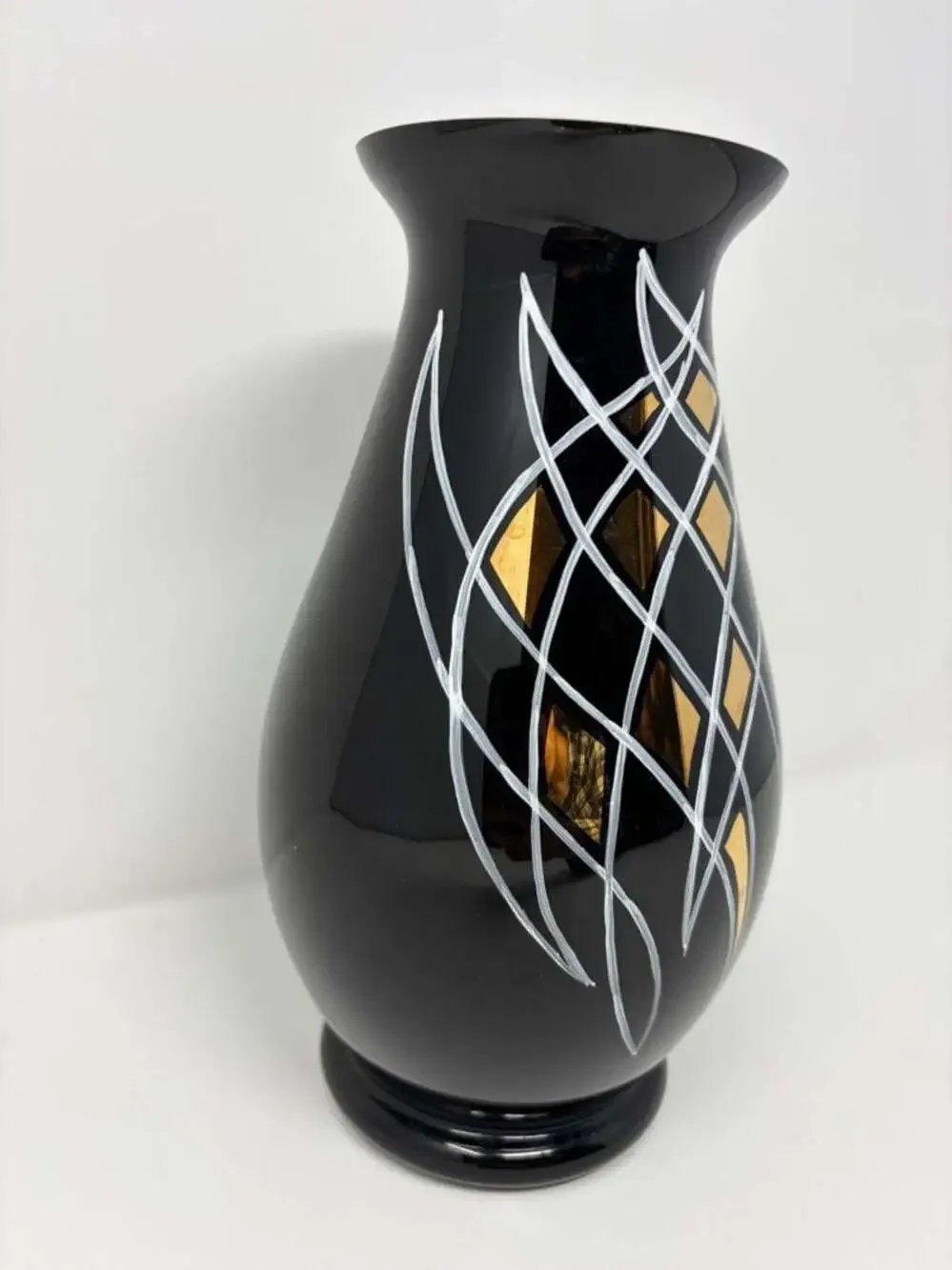 Bohemia Glass Black Art Glass Vase w/ Gold & Silver Design